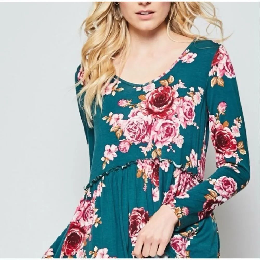 NWT Womens Andree by Unit Floral Long Sleeve Peplum Style Babydoll Top - Sz S